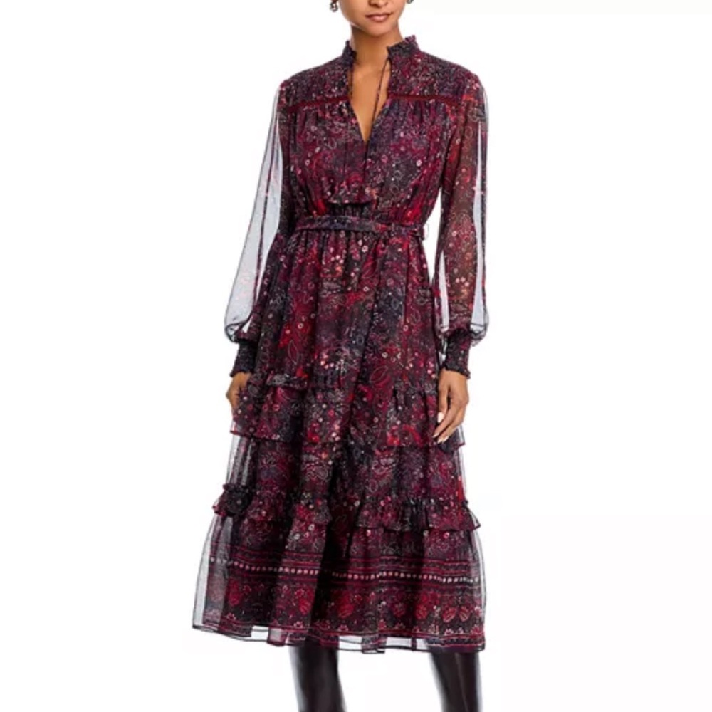 Aqua Long Sleeve Paisley Border Dot Midi Dress